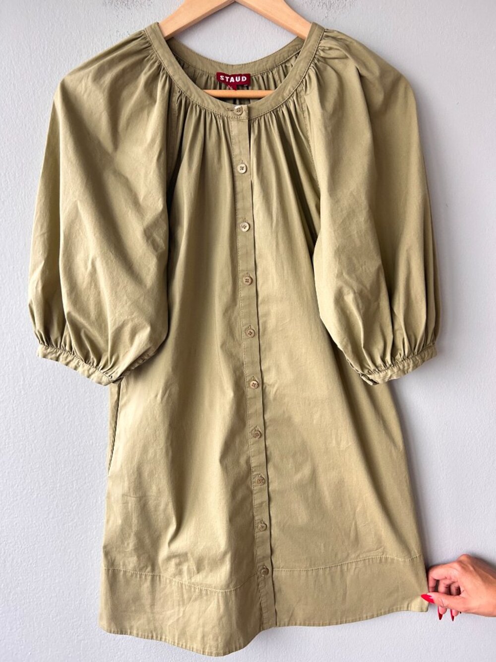 STAUD Vincent Mini Dress Khaki Cotton Poplin Puff Sleeve Button Front S